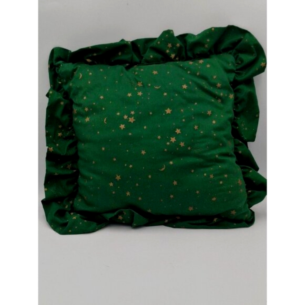 Vintage 90s 80s Y2k Decor Green Christmas Pillow W/ Holiday Prints & Ruffle Trim - Picture 3 of 7